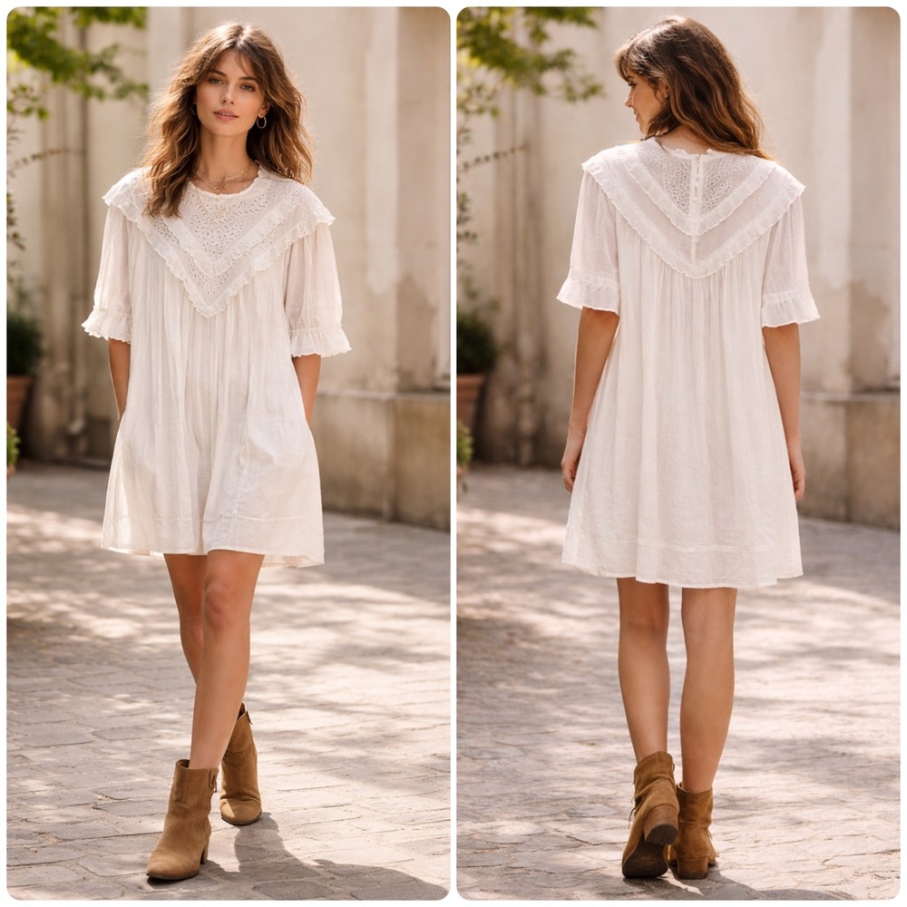 New! Isabel Marant Etoile Viscose Eyelet Embroidered Ruffle Collar Boho Dress🤍 S